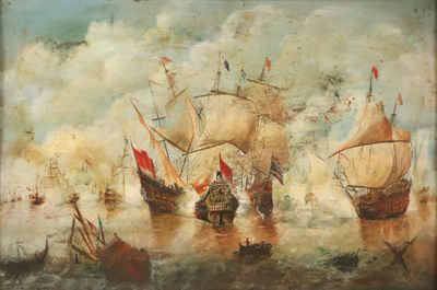 an oil painting of a group of ships in a body of water