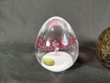 a glass egg and a gold egg on a black background