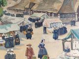 a painting of people walking around a market place