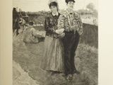 drawing of a man and a woman standing in a field with sheep in the background