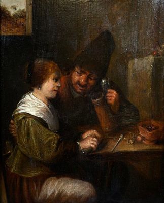painting of a man and a woman sitting at a table with a glass of wine
