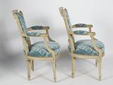 pair of louis xvi style armchairs with blue upholstered upholstered upholstered upholstered