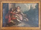 une image représentant un tableau où l'on voit une femme assise sur un banc avec un chien