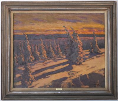 an oil painting of a snowy landscape with pine trees in the foreground