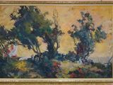 painting of a landscape with trees and a house in the distance