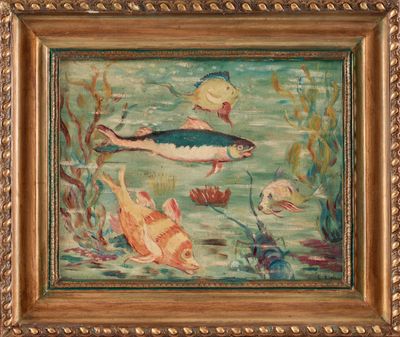 une peinture à l'huile représentant des poissons nageant dans un étang couvert d'algues
