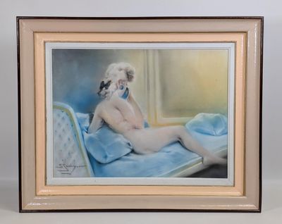 tableau représentant une femme nue assise sur un lit, avec un oiseau posé sur son épaule