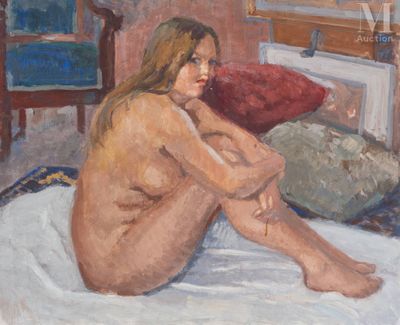 une peinture représentant une femme nue assise sur un lit