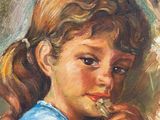 painting of a little girl eating a piece of food in front of a dog