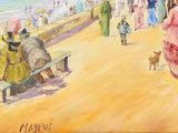 a painting of a group of people walking on the beach