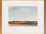 a painting of a field with trees and a sky in the background