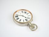a silver pocket watch with roman numerals on it