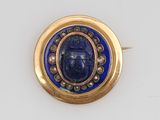 an image of a gold and lapel pin with a scarabus on it