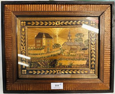 tableau représentant une scène de vie à la ferme, encadré dans un cadre en bois