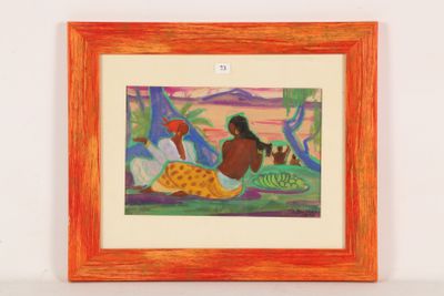 painting of a woman and a dog in a landscape with a giraffe