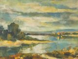 an image of a painting of a river with a sky in the background