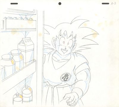 dessin représentant un jeune Gohan debout devant un réfrigérateur ouvert