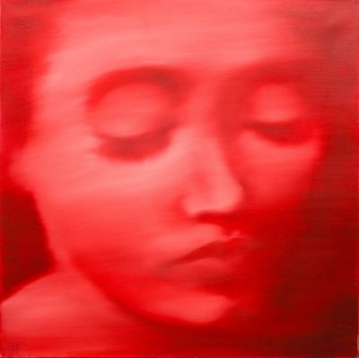 a red painting of a woman ' s face with her eyes closed