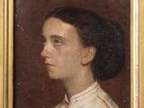 portrait of a woman in a white dress with a red stripe