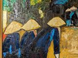 a painting of a group of people with umbrellas