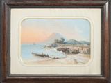tableau représentant une scène de plage avec des bateaux dans l'eau et une montagne au loin