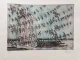 un dessin représentant une cage à oiseaux autour de laquelle volent des oiseaux