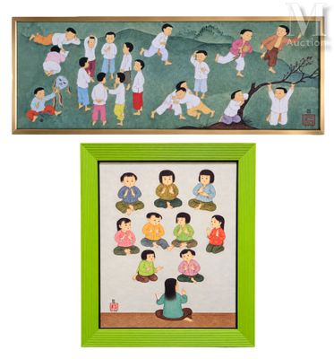 tableau représentant un groupe de personnes assises par terre à côté d'une image d'un arbre