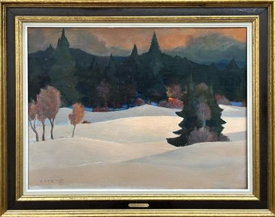 une peinture à l'huile représentant un paysage enneigé avec des arbres au premier plan
