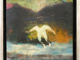 une peinture à l'huile représentant une personne sur une planche de surf dans l'eau
