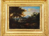 un tableau représentant un paysage boisé avec du bétail et des arbres