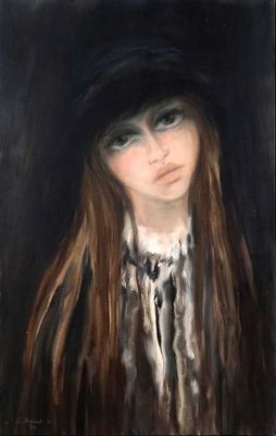 painting of a woman with long hair wearing a black hat