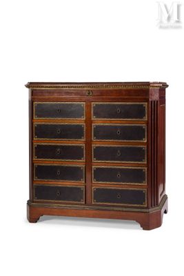 an image of a wooden chest of drawers with black and gold accents