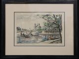 framed watercolor painting of a river scene with boats and a bridge