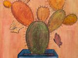tableau représentant un cactus dans un pot bleu, entouré de papillons