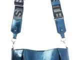 blue leather shoulder bag with strap and name on it