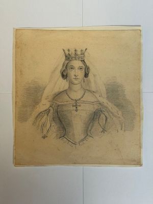 un vieux dessin représentant une femme coiffée d'une couronne