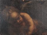 une peinture ancienne représentant une femme tenant un bébé dans ses bras