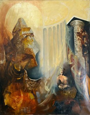 une peinture à l'huile représentant un homme et une femme assis devant un bâtiment