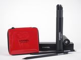 a red case with a black pen and a black pencil