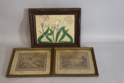 two framed pictures of flowers and a picture of a cat