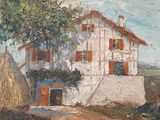 tableau représentant une maison blanche aux volets rouges par une journée ensoleillée
