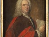 a painting of a man in a red coat holding a book