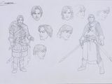 croquis représentant un homme armé d'une épée et une femme armée d'une épée