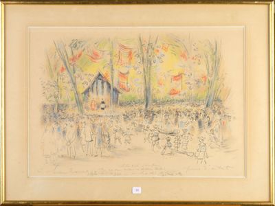 painting of a group of people standing in front of a house