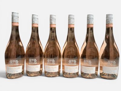 six bouteilles de vin sont alignées sur une surface blanche