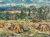 an oil painting of a field with hay bales in the foreground