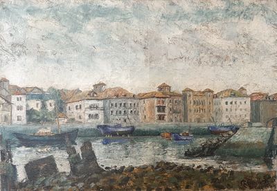 a painting of boats in a harbor with buildings in the background