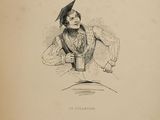 an old book with a drawing of a woman sitting on a chair