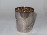 a silver cup that is sitting on a table