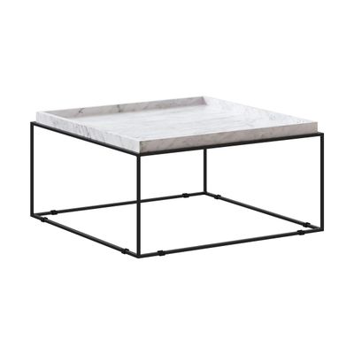 une table basse en marbre blanc avec un piètement en métal noir